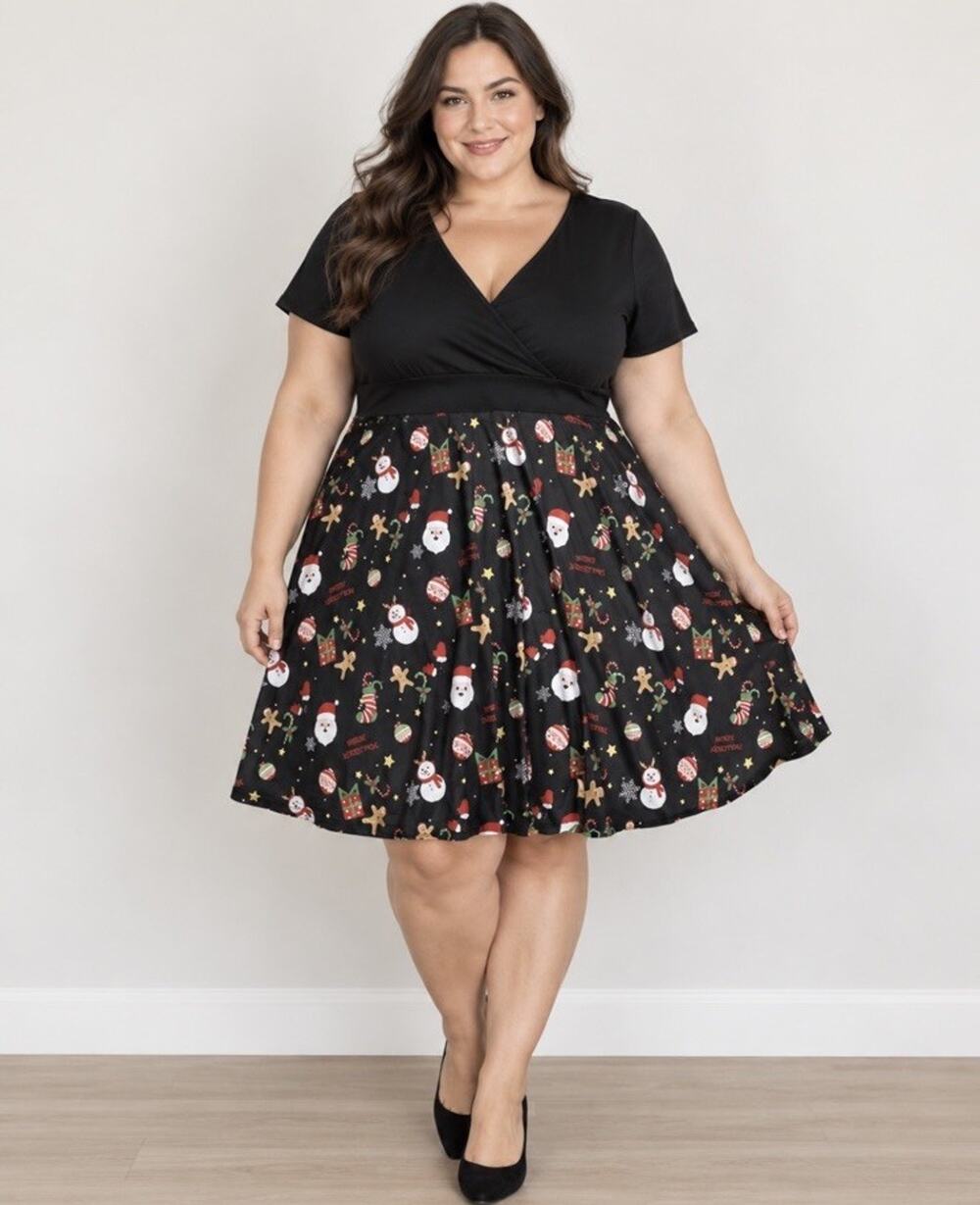 SHEIN Curve 3XL Christmas Dress Santa Snowman Holiday Fit & Flare V Neck